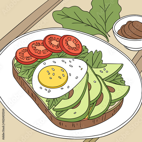 Watercolor illustration of avocado toast with egg and tomato slices – healthy breakfast recipe concept

