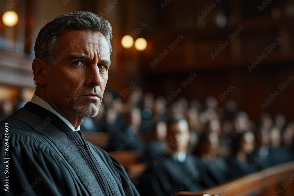 Fototapeta premium Legal professional with gray hair and serious expression, ideal representation of courtroom authority, judicial ethics, or government power.
