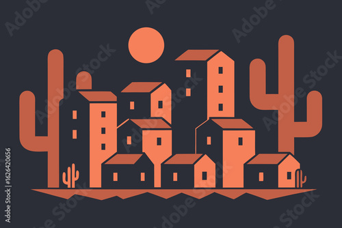 Geometric desert village scene with adobe-style houses and sun