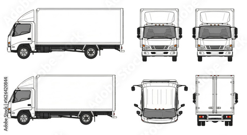 White Box Truck Technical Drawing: Side Front Top and Rear Views.