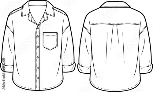 Men’s rolled sleeve shirt flat sketch, fashion CAD drawing, front pocket, button placket, yoke back, technical vector illustration