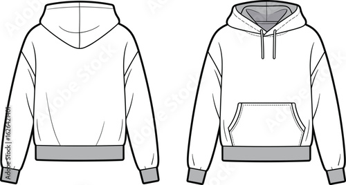 Cad drawing flat vector illustration of casual pullover hoodie with front kangaroo pocket, long sleeves, ribbed hem, drawstring hood, front back views.