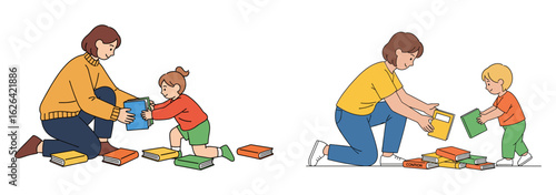 A caring mother and her child are happily sorting and organizing colorful books together, fostering a love for reading and learning.