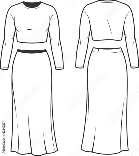 Two piece women’s crop top and maxi skirt fashion flat sketch, front and back technical drawing, stylish outfit CAD vector