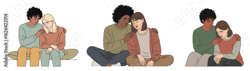 A compassionate illustration depicting diverse individuals offering comfort and emotional support to a distressed partner, emphasizing empathy and care.