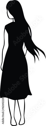 Silhouette of a woman with long hair, looking up, in a simple dress 