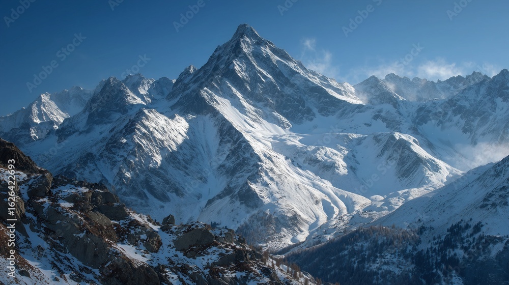 Fototapeta premium Majestic Snow-Covered Mountain Range Under Clear Blue Sky