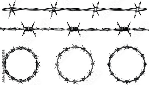 Barbed wire set vector spiked fence lines and circular barbed wire loops on white background