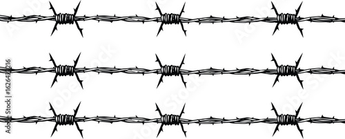 High quality barbed wire vector illustration in black and white. Sharp spiked metal wire on white background, perfect for security, fencing, and danger concepts.