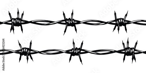 High quality barbed wire vector illustration in black and white. Sharp spiked metal wire on white background, perfect for security, fencing, and danger concepts.
