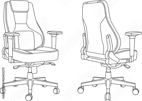 Ergonomic office chair CAD drawing, adjustable armrests, swivel base with wheels, comfortable seating design, modern furniture, flat vector technical illustration