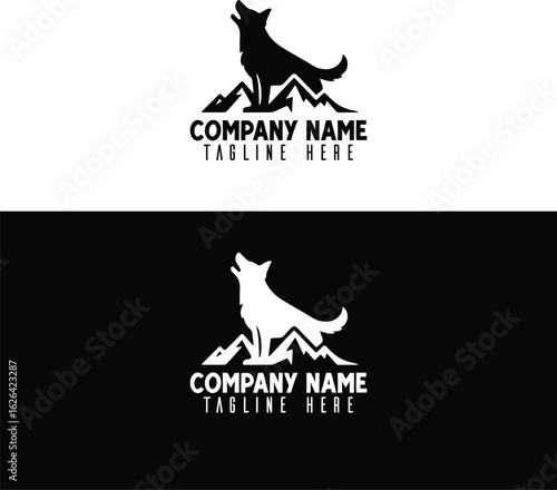 Dog logo with mountains and tagline