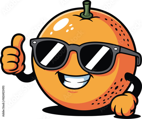 cartoon orange fruit character with black sunglasses giving thumbs up on white background for kids lifestyle and fun design