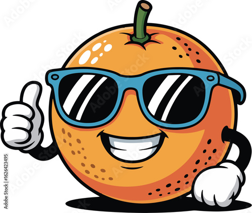 playful orange fruit character wearing sunglasses giving thumbs up on white background for kids sports and lifestyle illustration