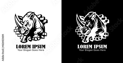 Rhino logo design that is destroying the wall in anger