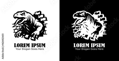 Komodo logo design that is destroying the wall in anger