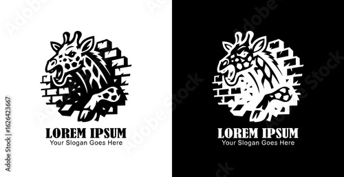 Logo design of a giraffe destroying a wall in anger