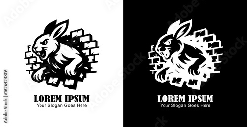 Logo design of a rabbit destroying a wall in anger