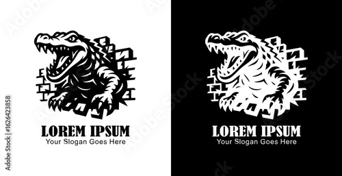 Logo design of a crocodile destroying a wall in anger