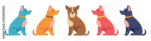 Vector illustration of five colorful cartoon dogs sitting in line. Minimalist flat style dog characters in profile view.
