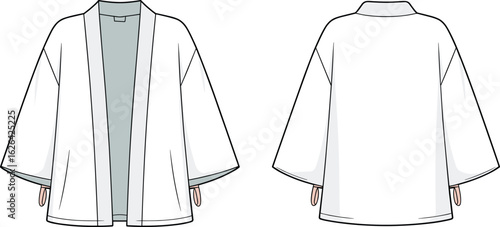 Kimono cardigan fashion flat sketch, front and back view, technical garment drawing, vector template for clothing design and illustration