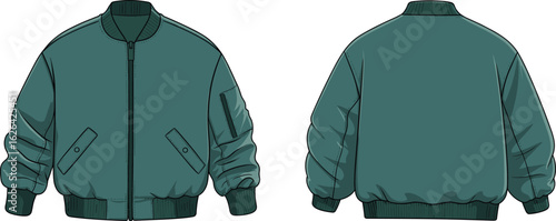 Men’s bomber jacket front back view, casual zip-up outerwear, ribbed cuffs and hem, stylish warm clothing, CAD drawing, vector flat illustration