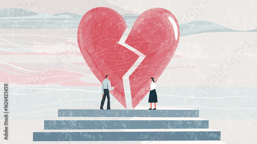 Divorce concept, broken relationships, family therapy, couple psychology. Man and woman with broken heart. Vector cartoon abstract illustration. Modern design.