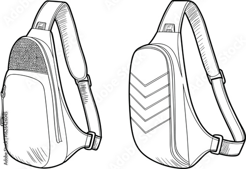 Modern sling crossbody bag vector, CAD technical drawing, flat sketch with strap and zipper detail, mesh pocket, chevron back panel