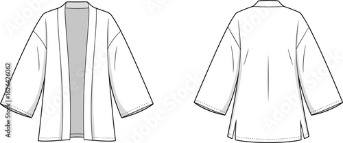 Open front kimono cardigan fashion sketch, technical flat drawing, front and back view, vector template for garment design