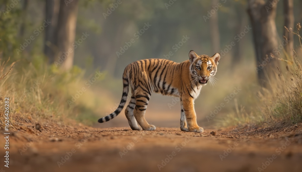Fototapeta premium Young tiger cub stands on dirt road in forest. Vibrant orange and brown stripes contrast with muted earthy brown and rich green surroundings. Tiger body oriented to right.