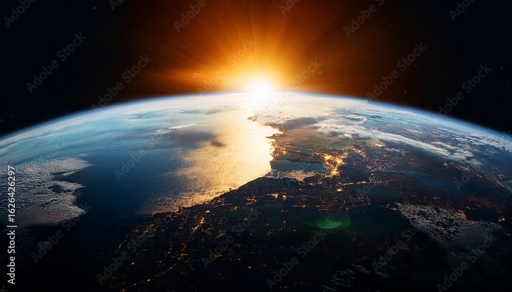 Obraz premium cinematic shot of the earth from space half in shadow with the sun rising on one side