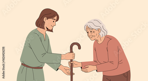 A young caregiver assists an elderly woman by handing her a wooden walking stick, offering support and promoting independence with a gentle, caring approach.