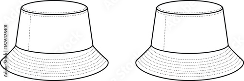 Bucket hat design flat vector illustration, casual summer hat, fashion accessory, stitched brim, unisex headwear, simple style, CAD drawing, line art sketch