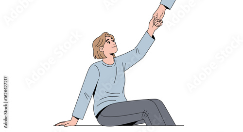 A graphic illustration portrays a person sitting and reaching for an outstretched helping hand, symbolizing support, assistance, and solidarity.