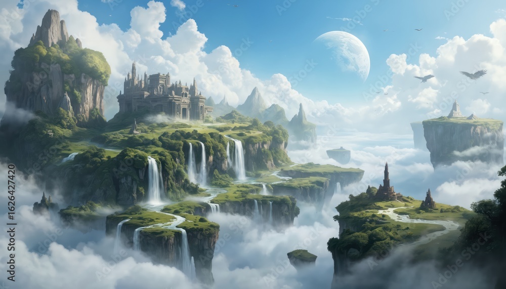 Fantasy world landscape with dark stone castle, turrets reaching sky, green plants, trees, plants, deep blue cloudy sky, fluffy white clouds. Wildlife, birds, movement, life, serene atmosphere, blue, Fantasy world landscape with dark stone castle, turrets reaching sky, green plants, trees, plants, deep blue cloudy sky, fluffy white clouds. Wildlife, birds, movement, life, serene atmosphere, blue,