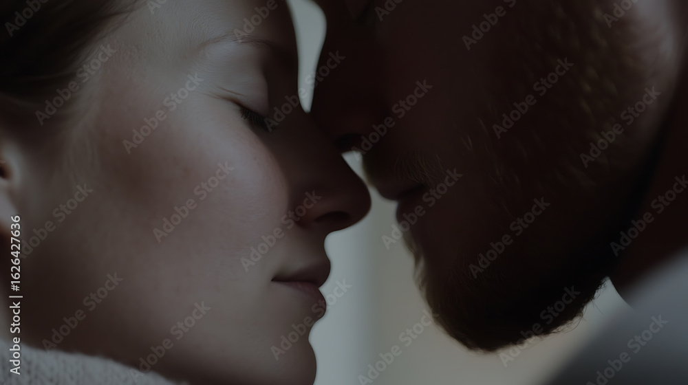 Obraz premium Close-up of a couple's faces together, a tender moment of closeness and connection, with soft lighting highlighting their features, showing affection and love.
