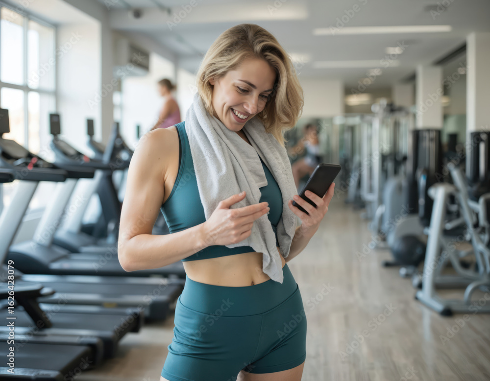 Fototapeta premium Woman in vibrant green gym outfit confidently stands in modern fitness center. Holds green water bottle, phone, checking workout progress. Treadmills, weightlifting machines in background, focus on