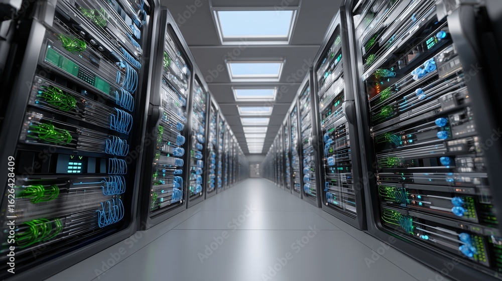 Obraz premium professional server room, with rows of blinking lights and cables