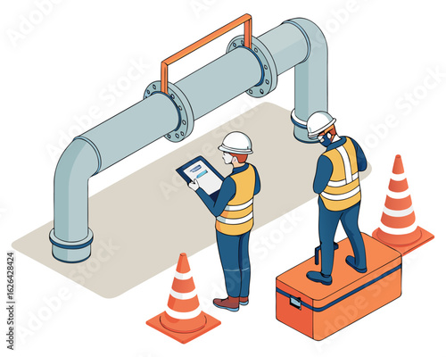 Inspection and ultrasonic testing of pipe welds by technicians and engineers isometric isolated illustration.