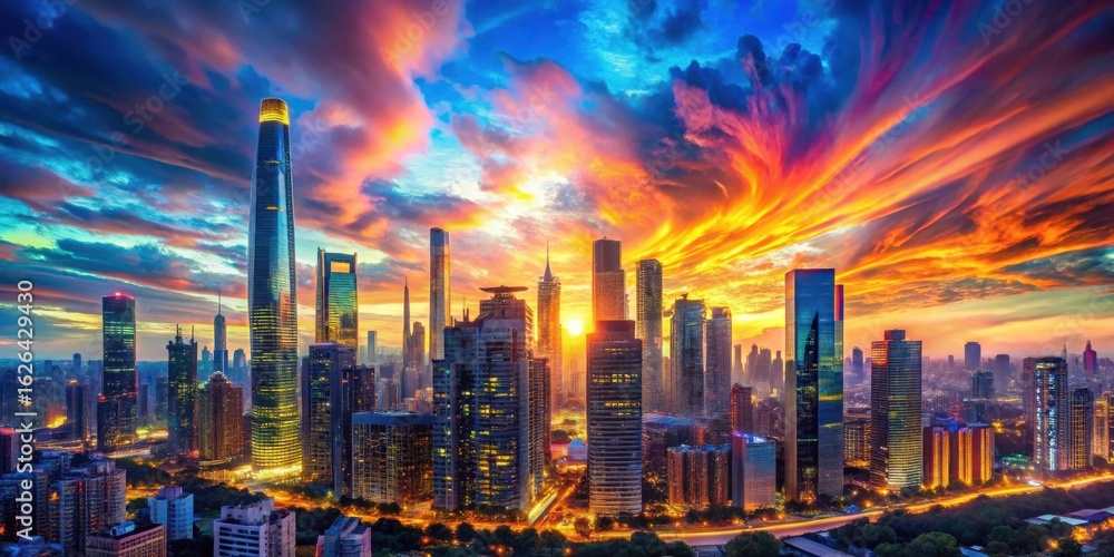 Fototapeta premium A vibrant cityscape skyline at sunset, showcasing illuminated skyscrapers against a backdrop of fiery, colorful clouds and streaks of light across the streets below.
