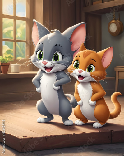 Playful cartoon cat chasing mouse in vintage kitchen, whimsical animal characters in colorful dynamic scene, bright aesthetic wallpaper illustration for kids and families.