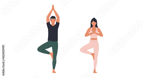 Illustration of a man and woman practicing yoga in the tree pose. A couple demonstrates balance and wellness through Vriksasana exercise. Vector graphic for health and fitness concepts.