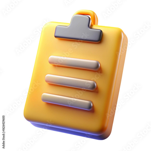 A vibrant 3d render of a yellow clipboard with shiny metallic details