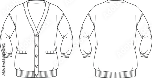CAD technical flat sketch of women's button-up cardigan sweater with pockets, ribbed cuffs, detailed sleeve seams, front back views.