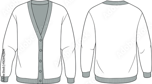 CAD technical flat sketch of men’s button front cardigan sweater, fashion design vector illustration, front and back view template.