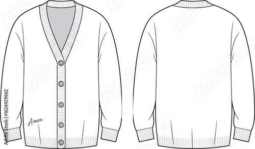 Cardigan sweater front and back view, V-neck buttoned design, ribbed collar and cuffs, flat vector, CAD drawing illustration
