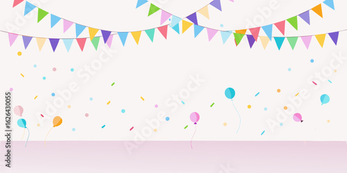 Colorful streamers, confetti, and balloons frame a cheerful birthday party background design