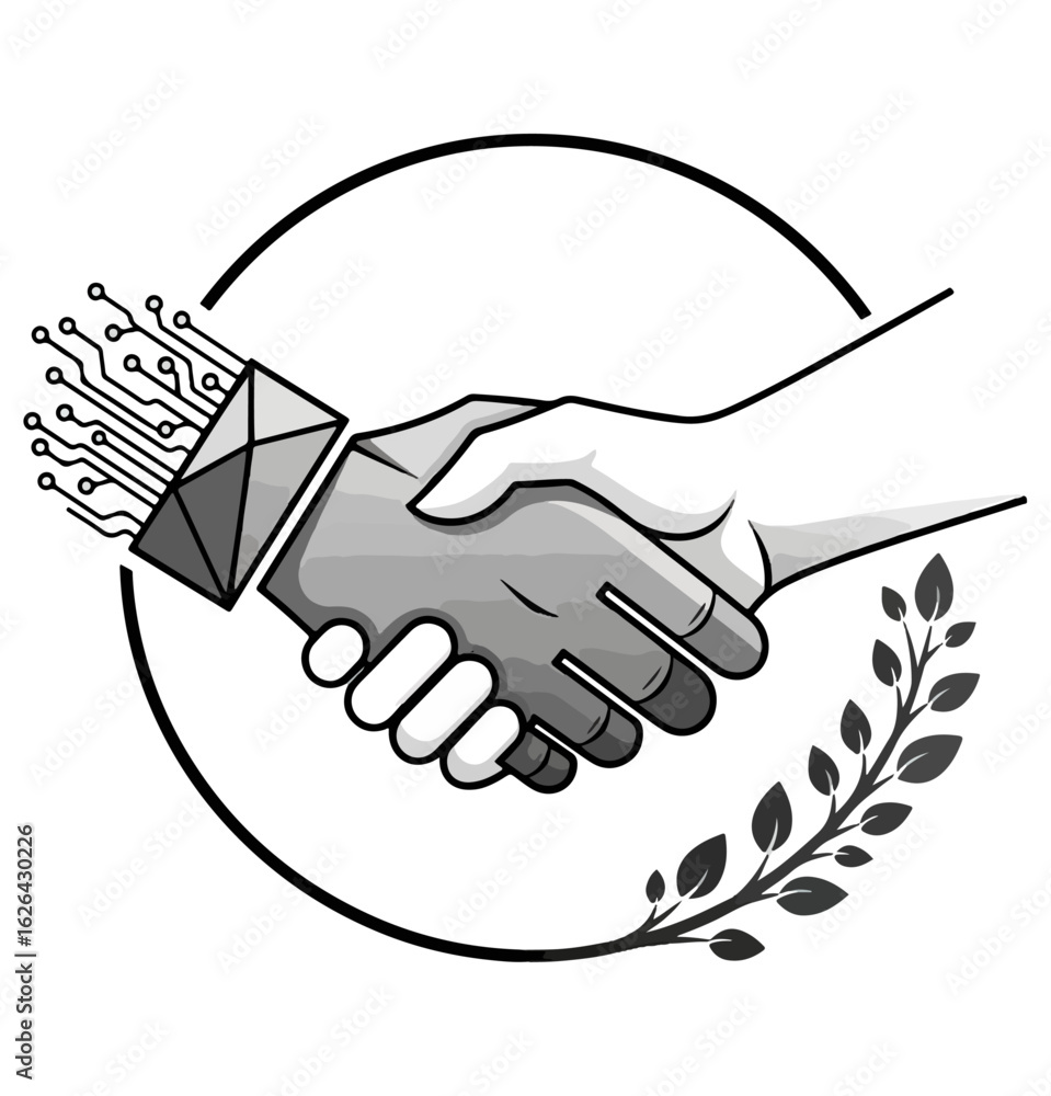 Fototapeta premium Tech and Human Handshake with Circuit and Laurel Wreath Illustration