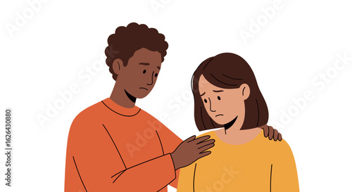 An empathetic individual places a reassuring hand on the shoulder of a distressed friend, symbolizing emotional support and understanding.