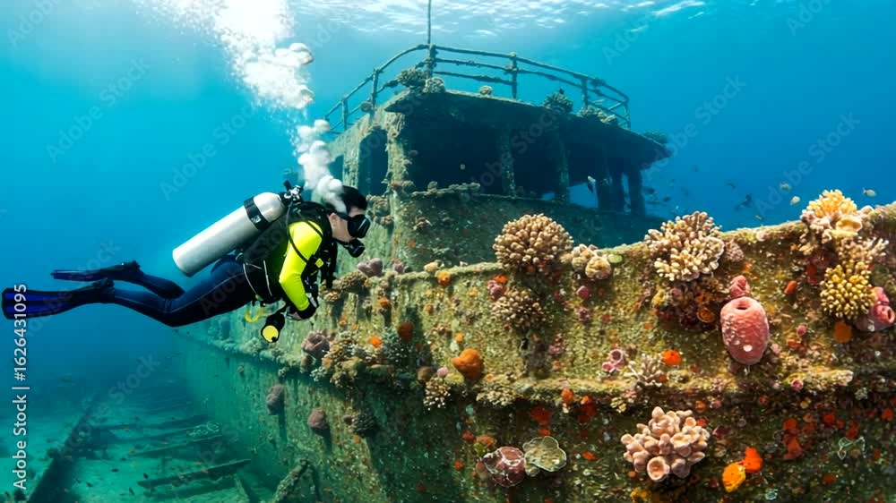 Diver Exploring Sunken Shipwreck Covered in Coral Reefs and Marine Life ...